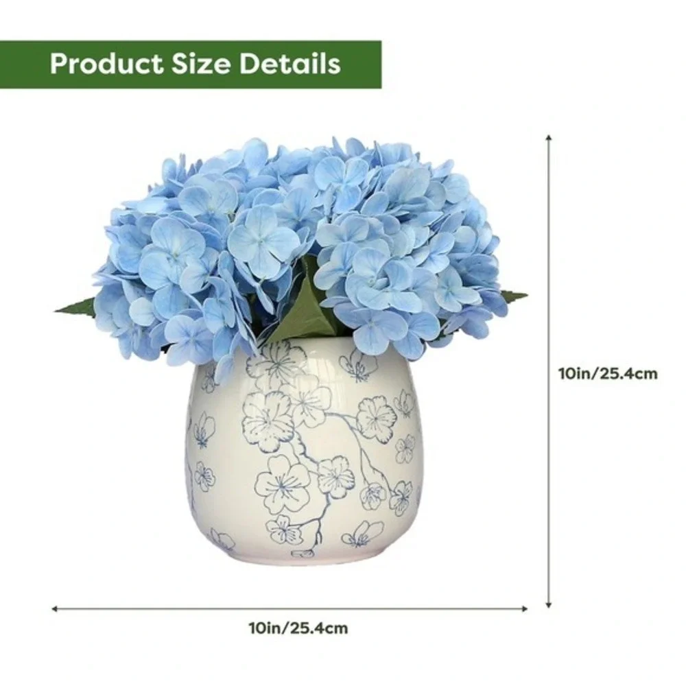 My Texas House Faux Hydrangeas Floral Vase, Blue White 9.5in • NWT